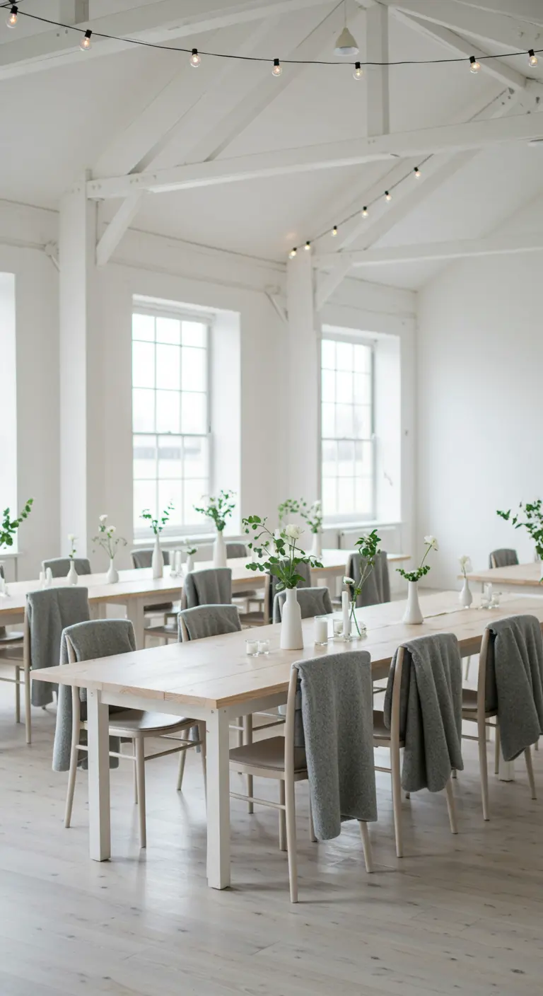 Witte loft ruimte met lange houten tafels en grijze plaids.