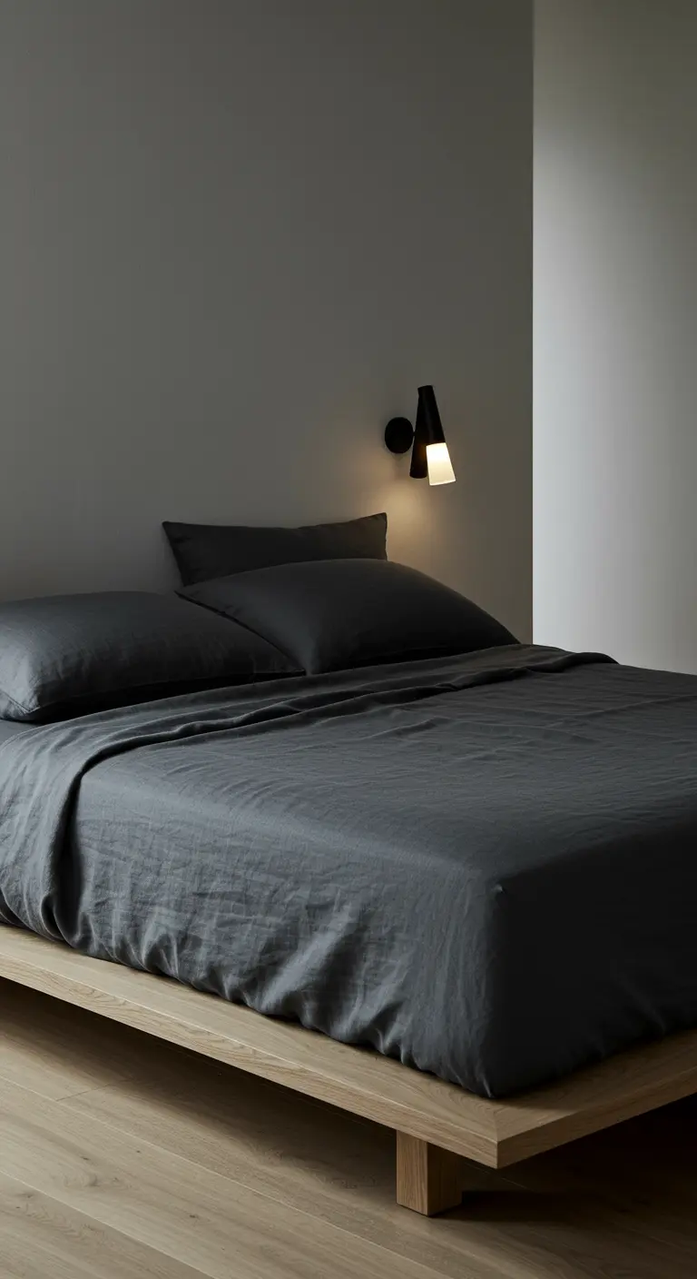 Laag houten bed met donkergrijs linnen beddengoed in een minimalistische slaapkamer.