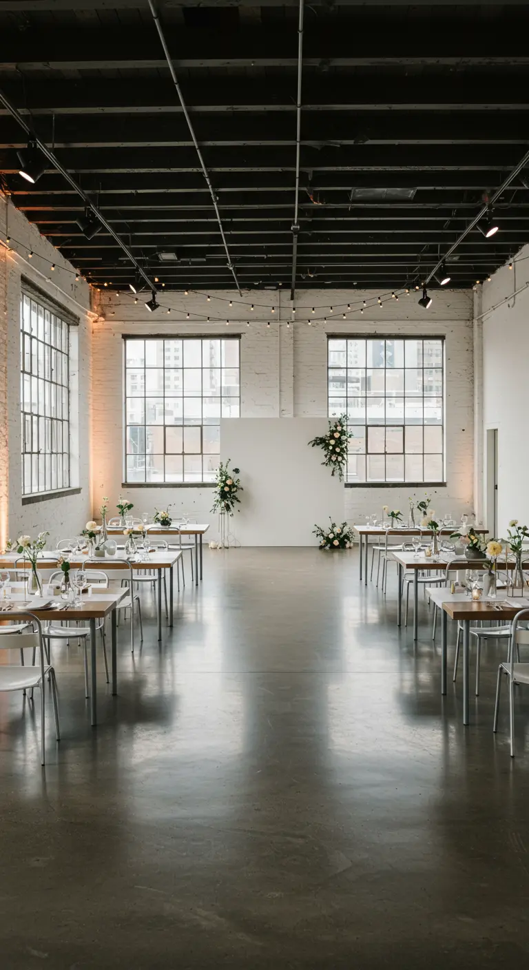 Lichte loftruimte met hoge ramen, minimalistische tafels en bloemdecoratie.