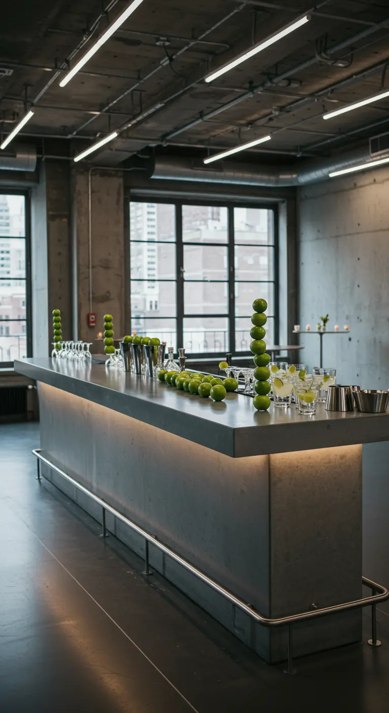 Moderne bar met torens van groene appels als minimalistische decoratie.
