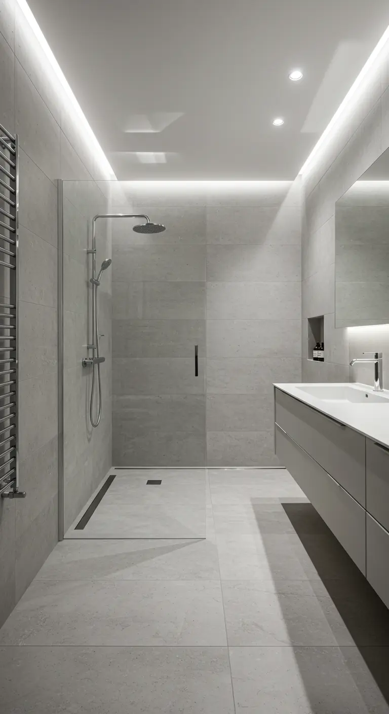 Minimalistische grijze badkamer met inloopdouche, frameloze glazen wand en indirecte verlichting.
