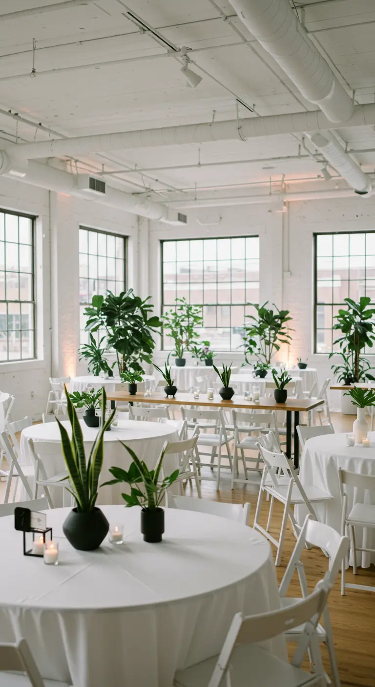 Lichte trouwlocatie met witte tafels en stoelen, gedecoreerd met diverse potplanten.