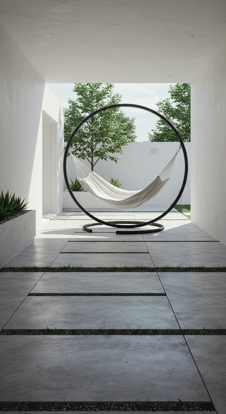 Zwart cirkelvormig stalen frame met witte hangmat op een minimalistische patio met betonnen tegels