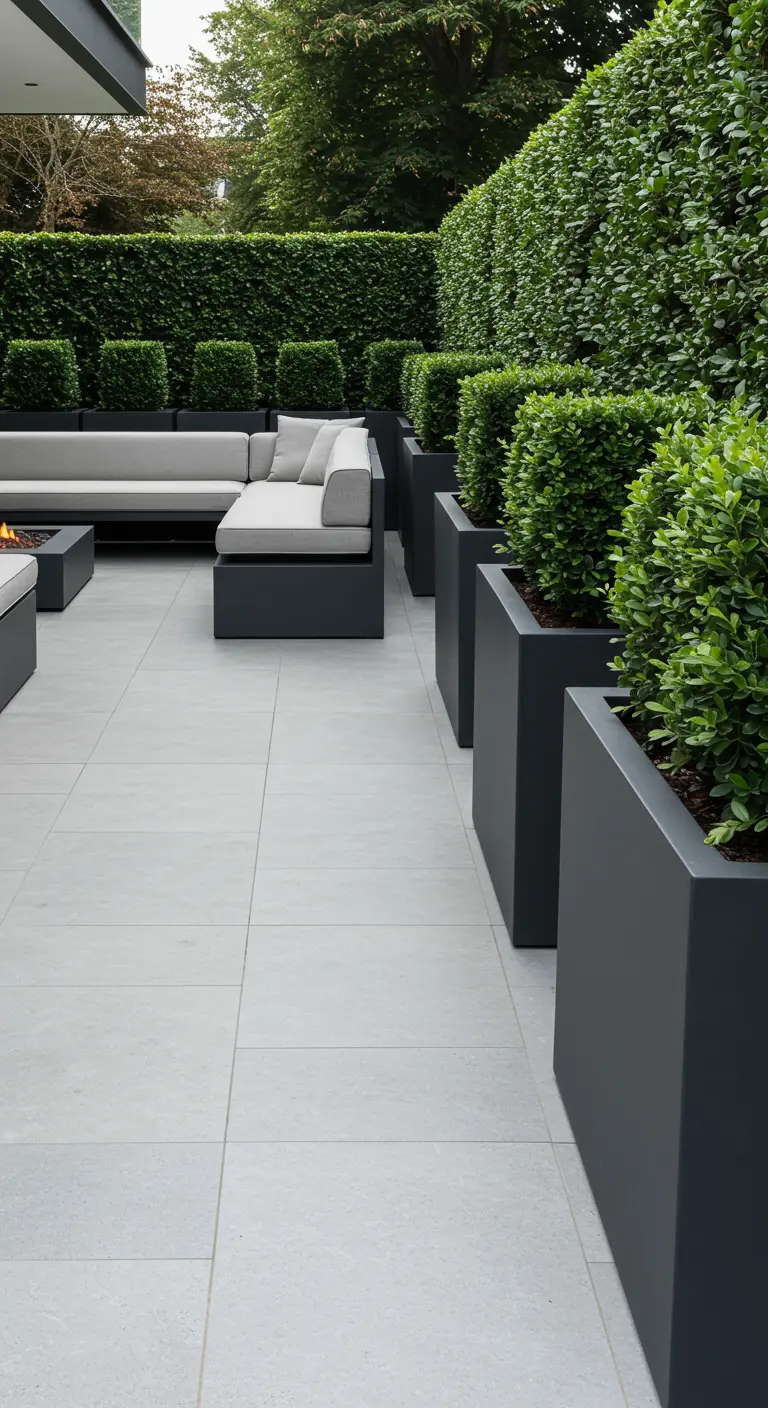 Rij strakke, donkergrijze, hoge vierkante plantenbakken met gesnoeide groene heesters langs een modern terras.