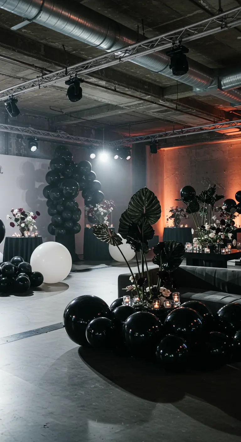Industriële feestsetting met zwarte en witte ballonnen en grote groene bladeren.