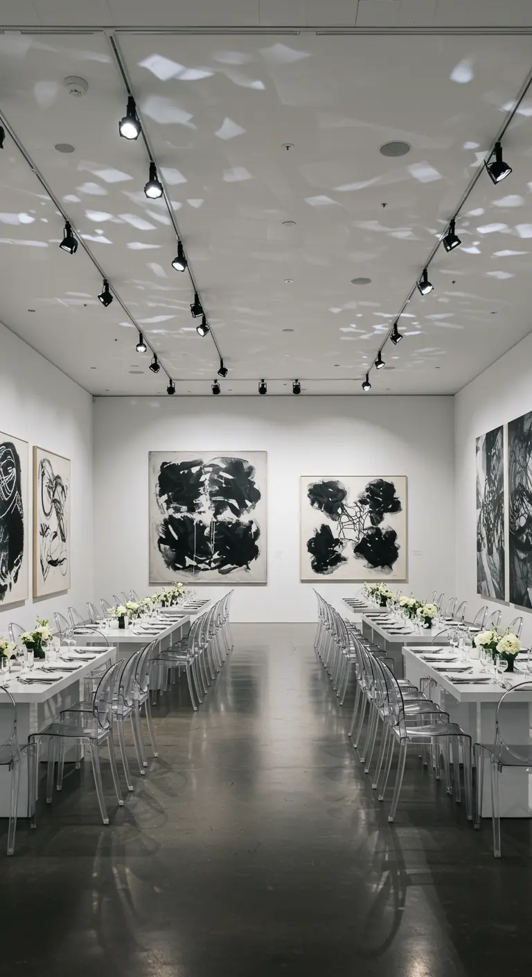 Witte kunstgalerij met lange tafels, transparante stoelen, zwart-wit kunst en minimalistische decoratie.