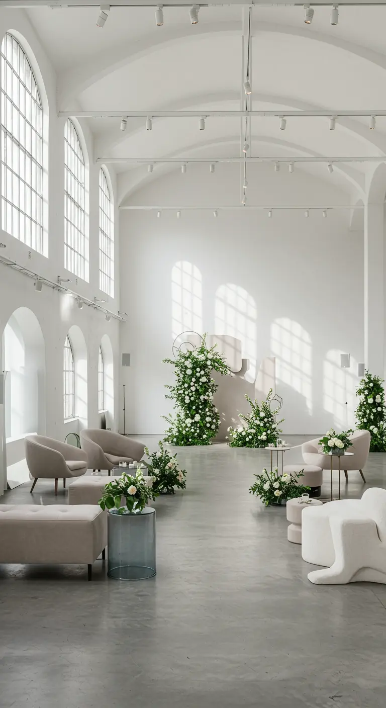 Minimalistische kunsthal met witte muren, moderne meubels en sculpturale bloemstukken.