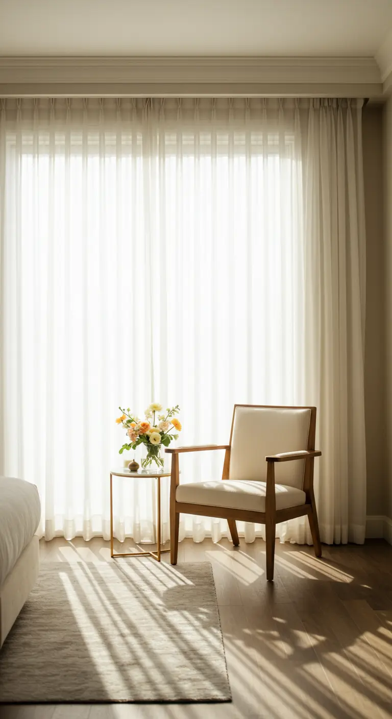 Lichte, minimalistische kamer met fauteuil bij raam en klein boeketje bloemen.