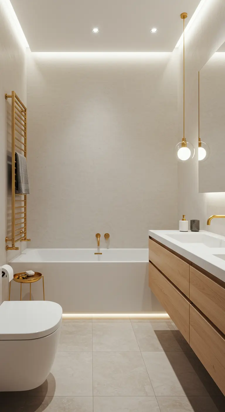 Minimalistische badkamer met verborgen LED-verlichting, gouden kranen en handdoekenrek.