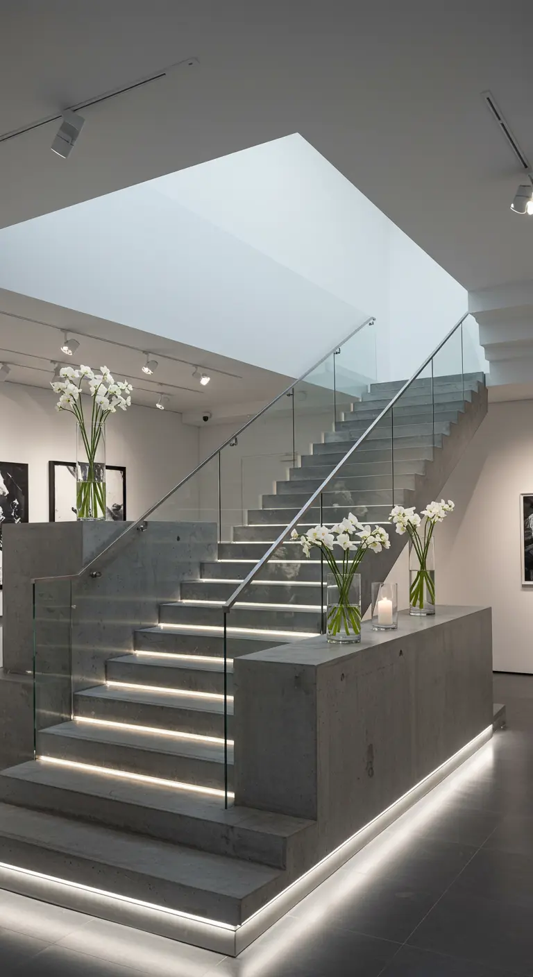 Moderne betonnen trap met subtiele LED-verlichting onder treden en glazen balustrade.