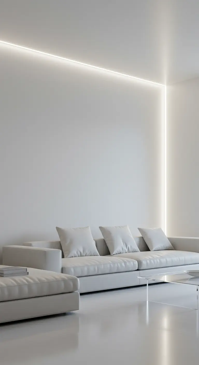 Ultraminimalistische witte woonkamer met een LED-lichtlijn die van het plafond naar de muur loopt.