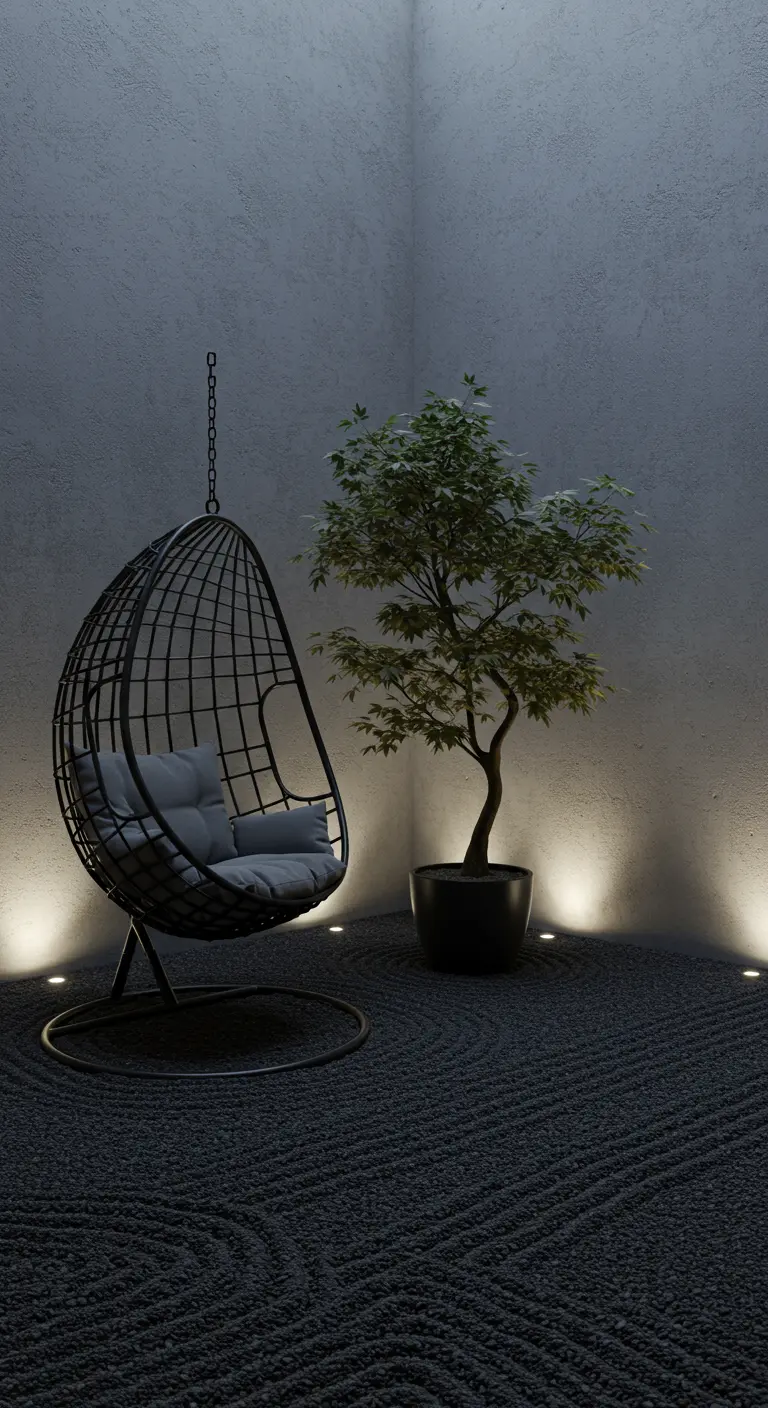 Zwarte hangstoel op standaard in minimalistische hoek met een esdoorn en spotlights.