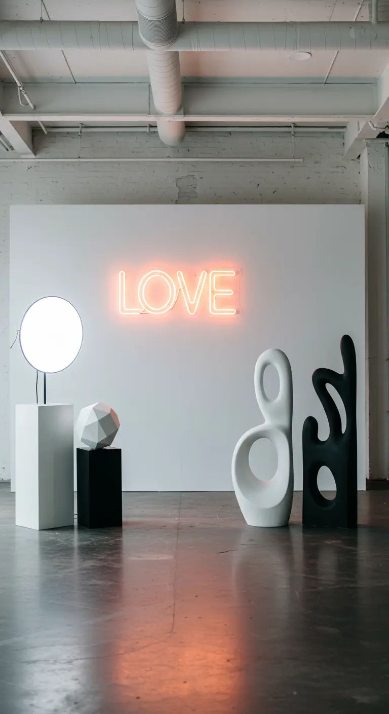 Minimalistische photobooth met witte muur, neon 'LOVE' bord en abstracte sculpturen.