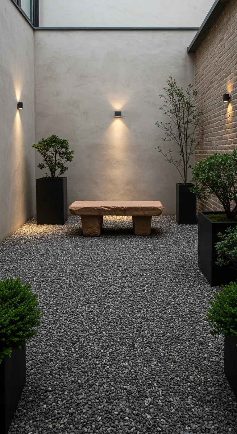 Minimalistische patio met grijs grind, stenen bankje en zwarte plantenbakken.