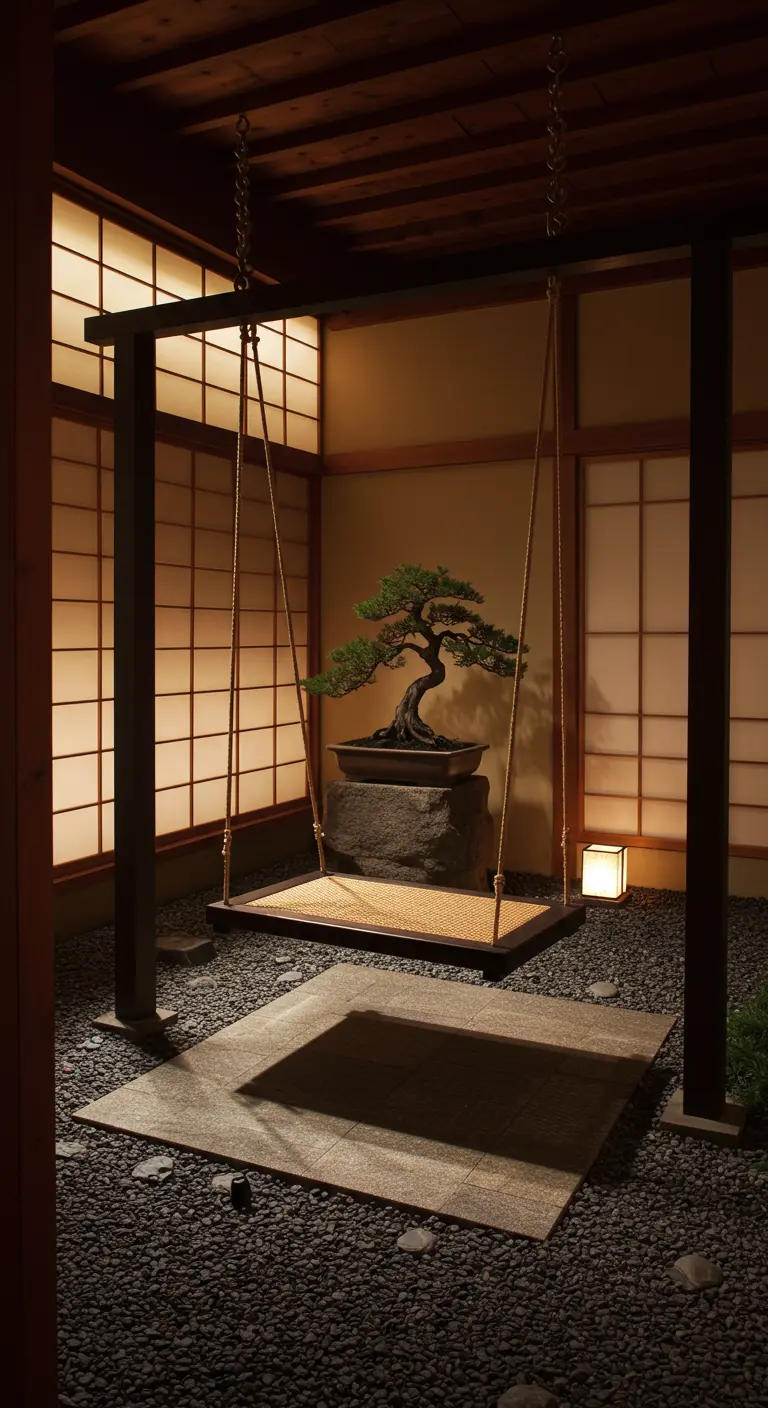 Houten schommel in een minimalistische Japanse binnenruimte met shoji-schermen en een bonsai.