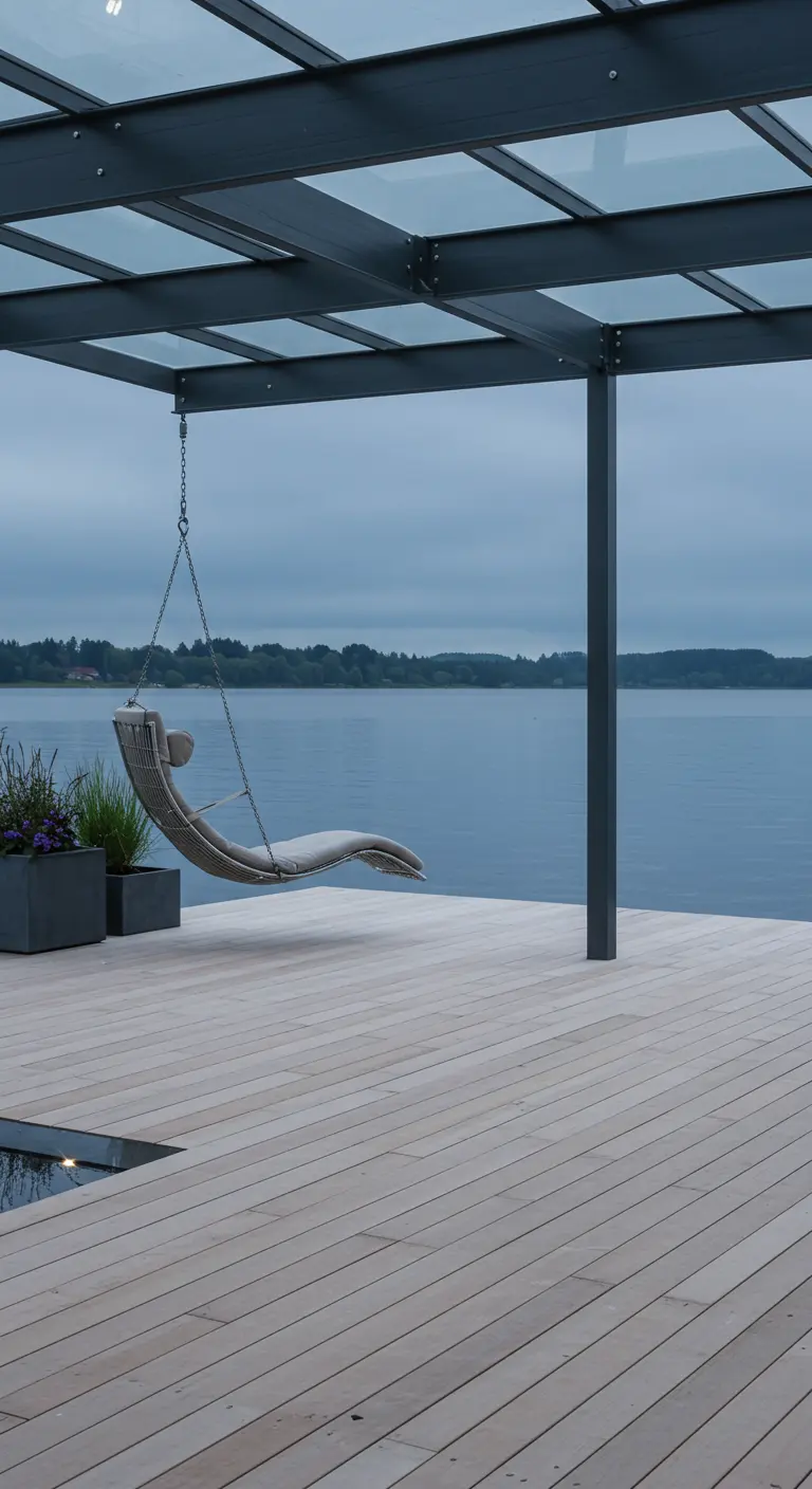 Minimalistische lounge schommelstoel onder glazen pergola met uitzicht op groot meer.