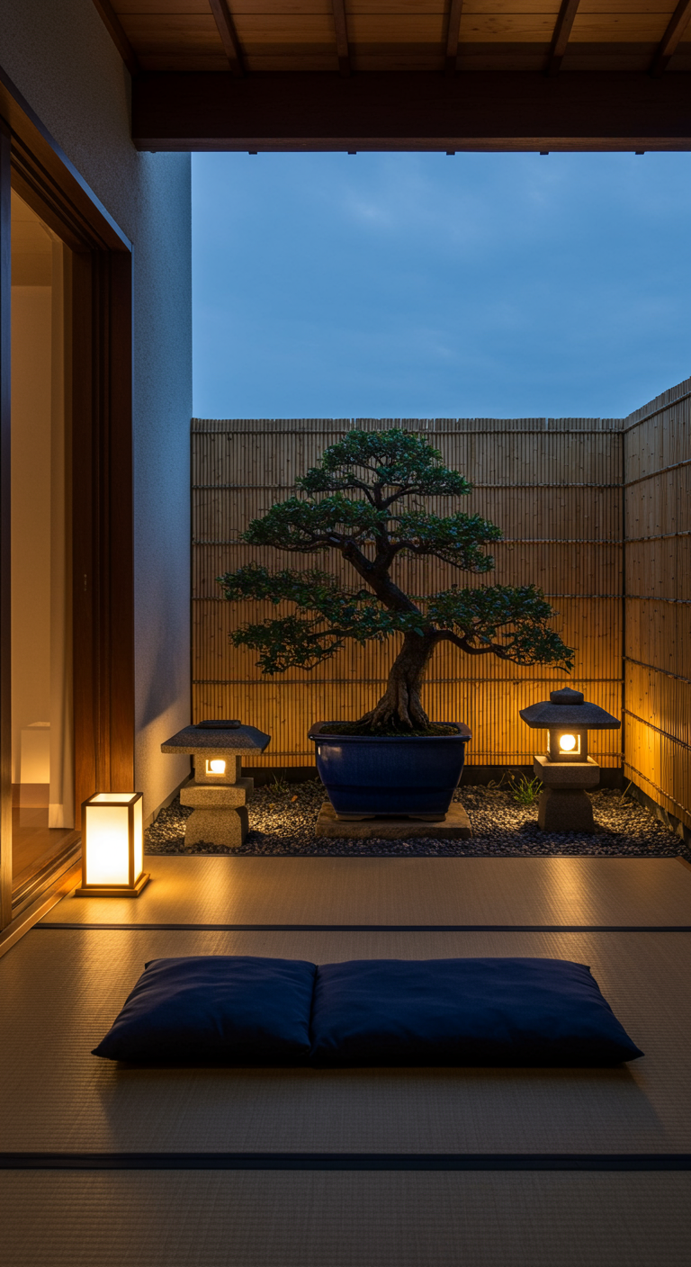 Japanse patio met bonsai, tatami mat en stenen lantaarns.