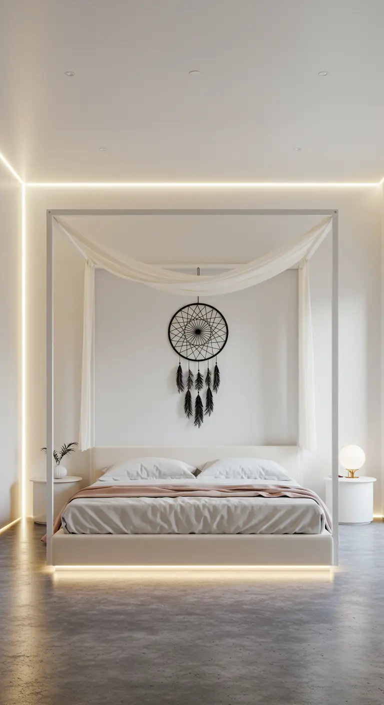 Moderne witte slaapkamer met hemelbed, zwarte dromenvanger, en LED sfeerverlichting.