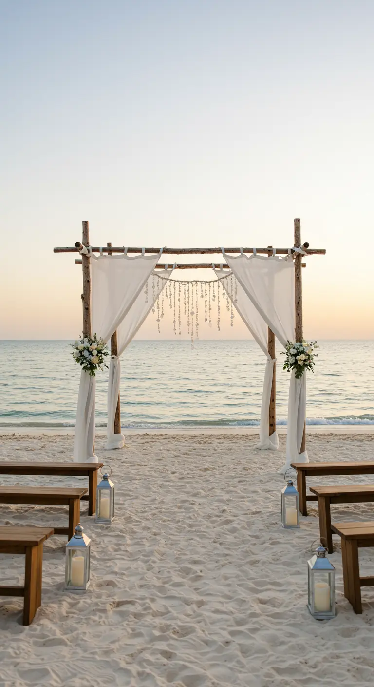 Strandceremonie met houten boog, witte stoffen, lantaarns en houten banken.
