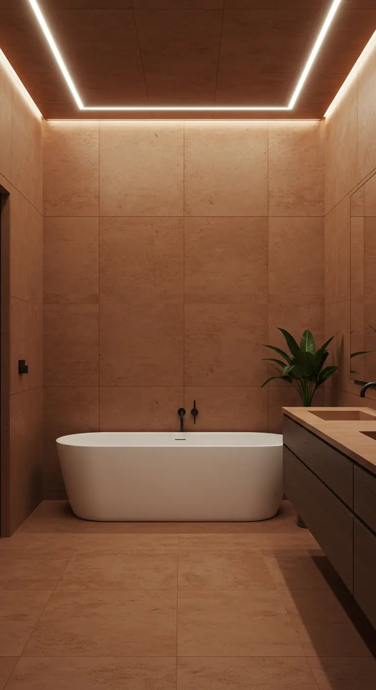 Minimalistische badkamer met grote terracotta tegels, verborgen LED verlichting, wit bad.