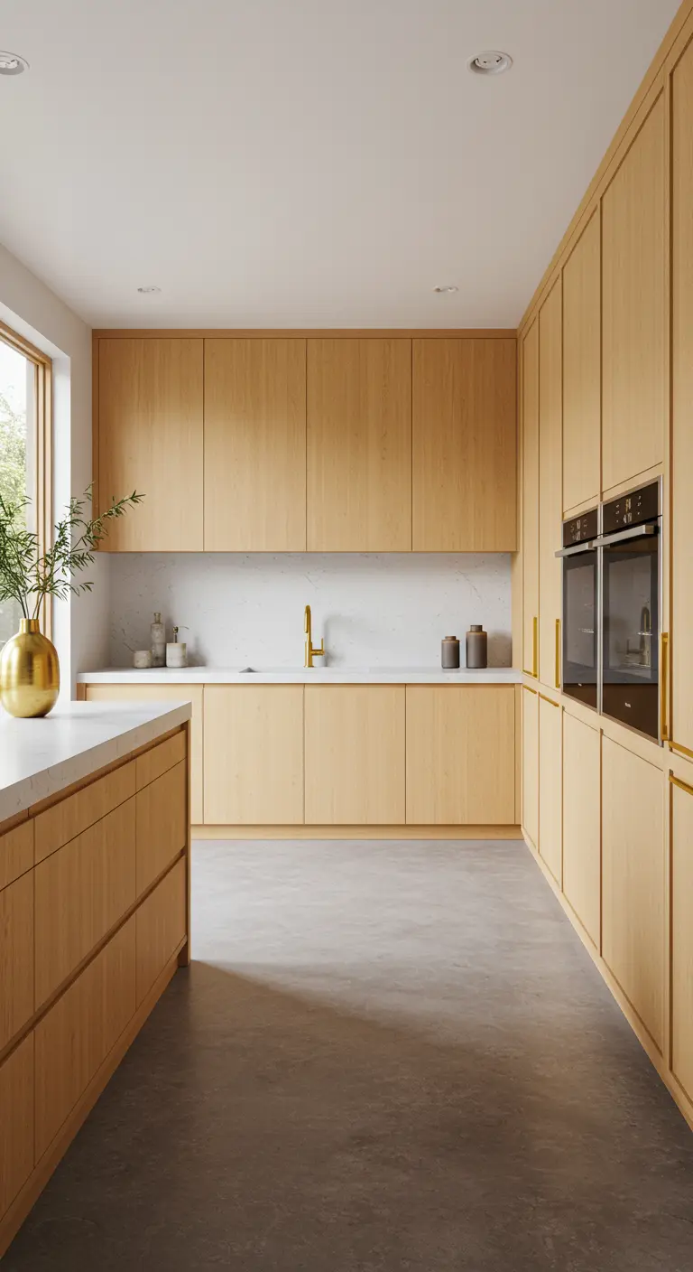 Minimalistische licht houten keuken met geïntegreerde gouden handgrepen en gouden kraan.