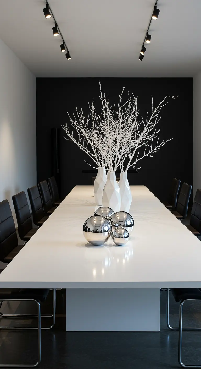 Witte eettafel met witte takken, zilveren kerstballen, glimmende bollen en kaarsen in glazen houders.