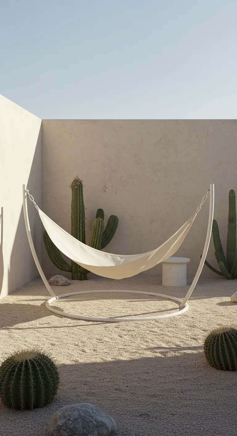 Witte hangmat in een minimalistische setting met cactussen en zandkleurige ondergrond.