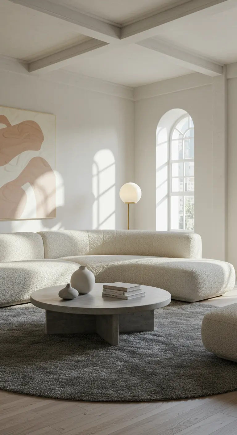 Lichte woonkamer met ronde bouclé bank, ronde salontafel en groot vloerkleed.