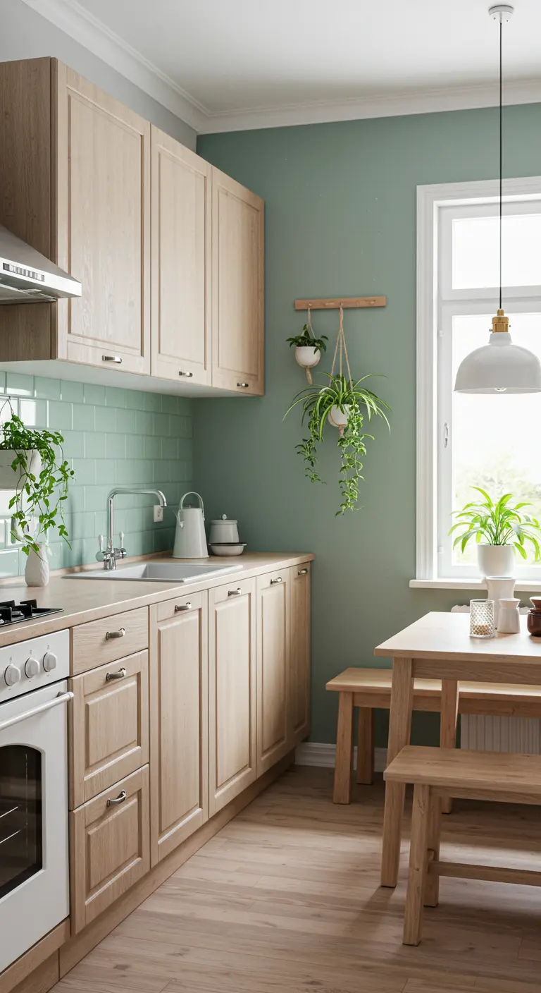 Lichte houten keuken met mintgroene tegels en muur, hangplanten en houten eethoek.
