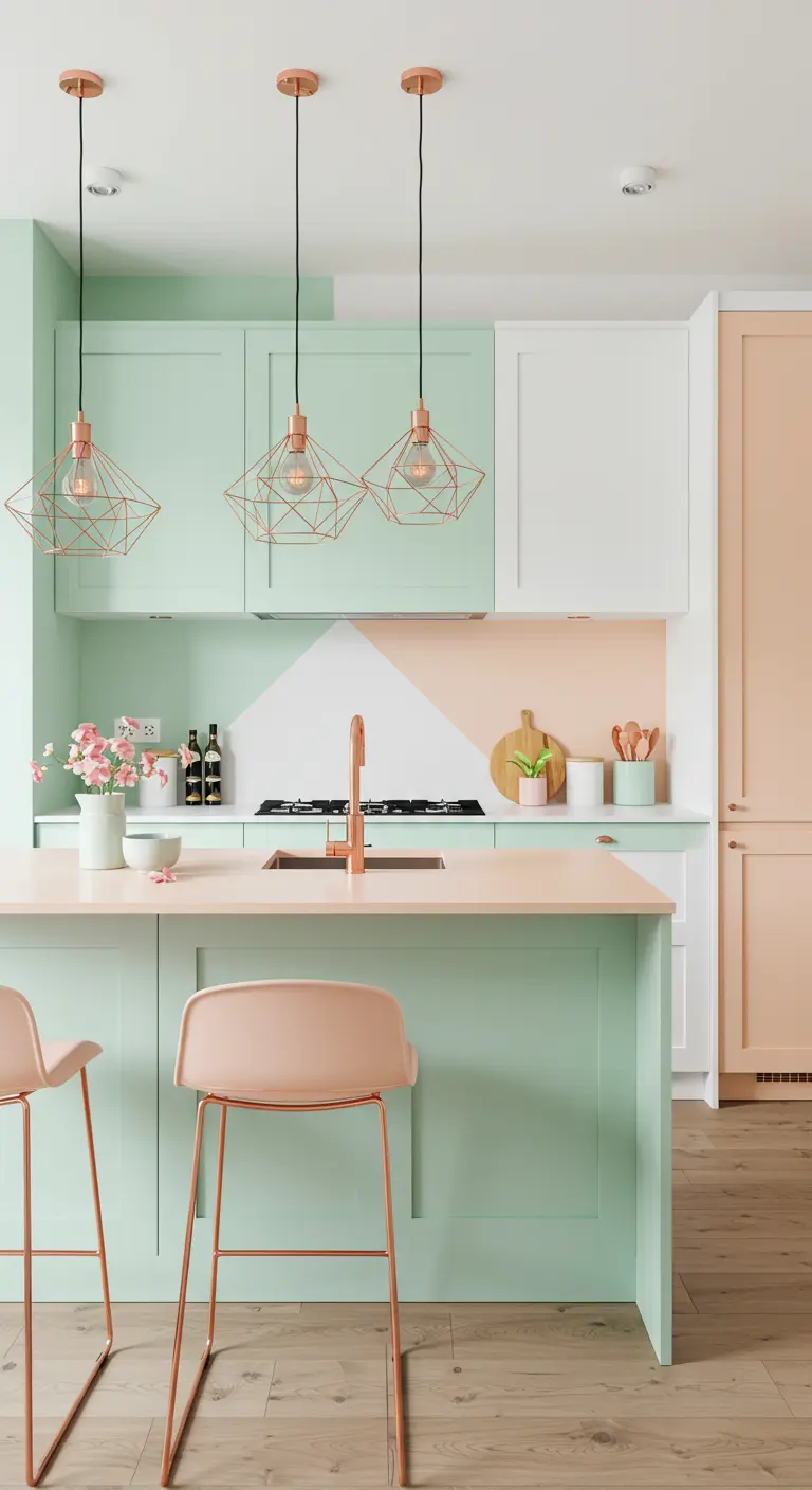 Keuken met mintgroene kasten, perzikkleurige accenten en koperen hanglampen.