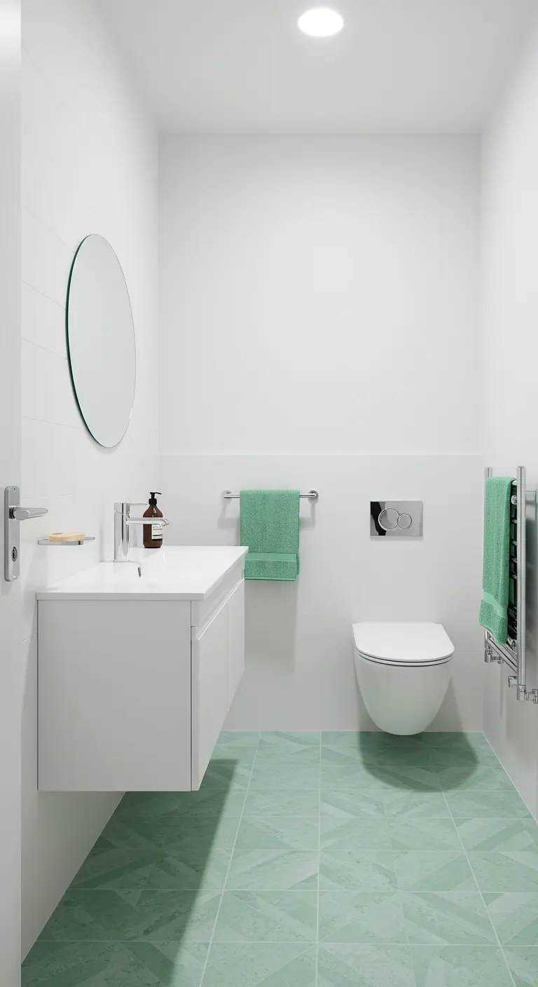 Badkamer met mintgroene geometrische vloertegels en witte wanden.