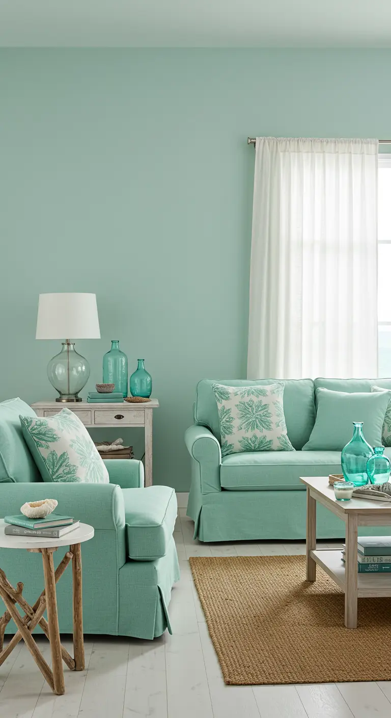 Lichte woonkamer in drie mintgroene en turquoise tinten met witte meubels.