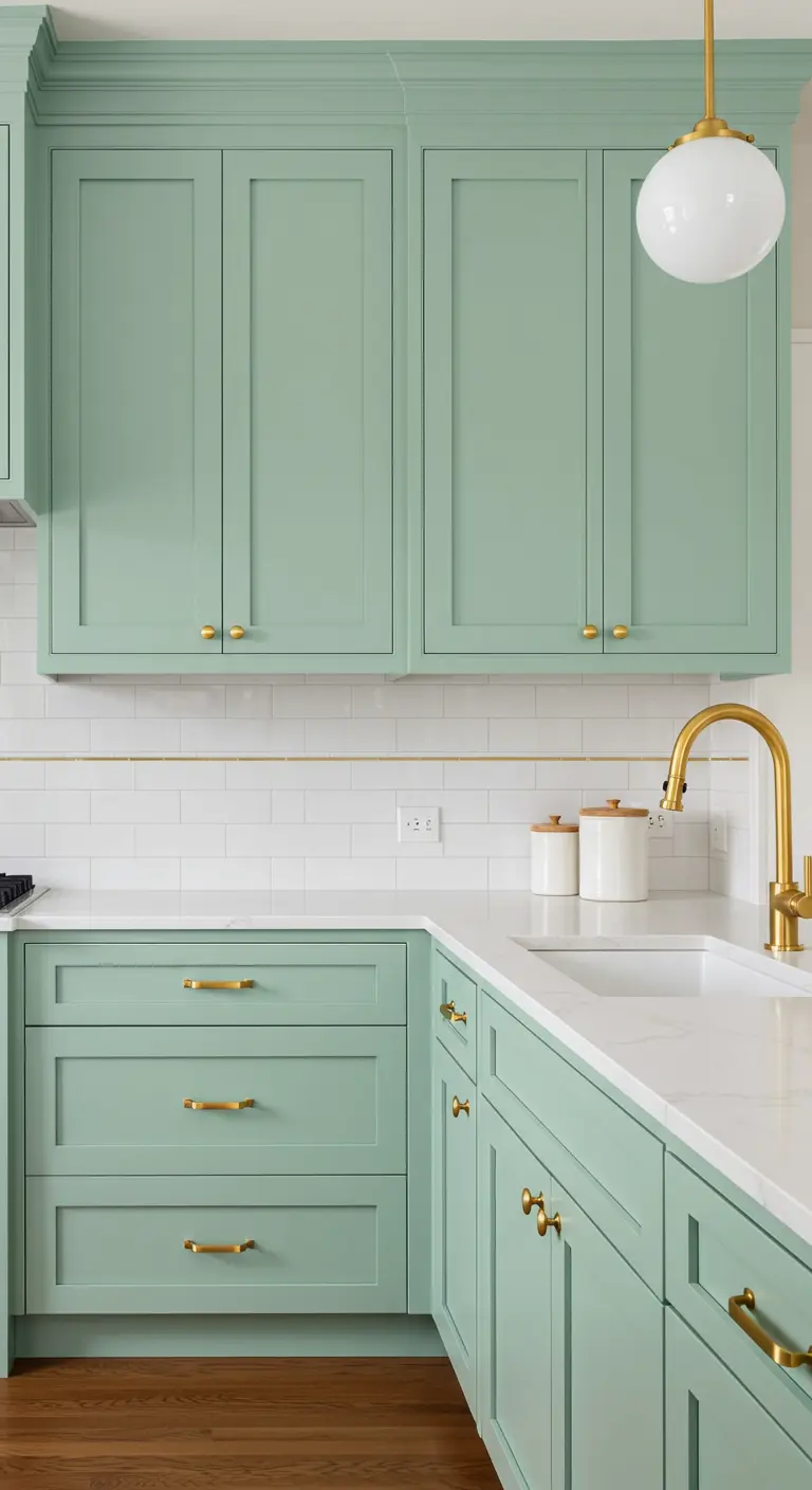Mintgroene keuken met witte subway tegels, gouden kraan en gouden handgrepen.