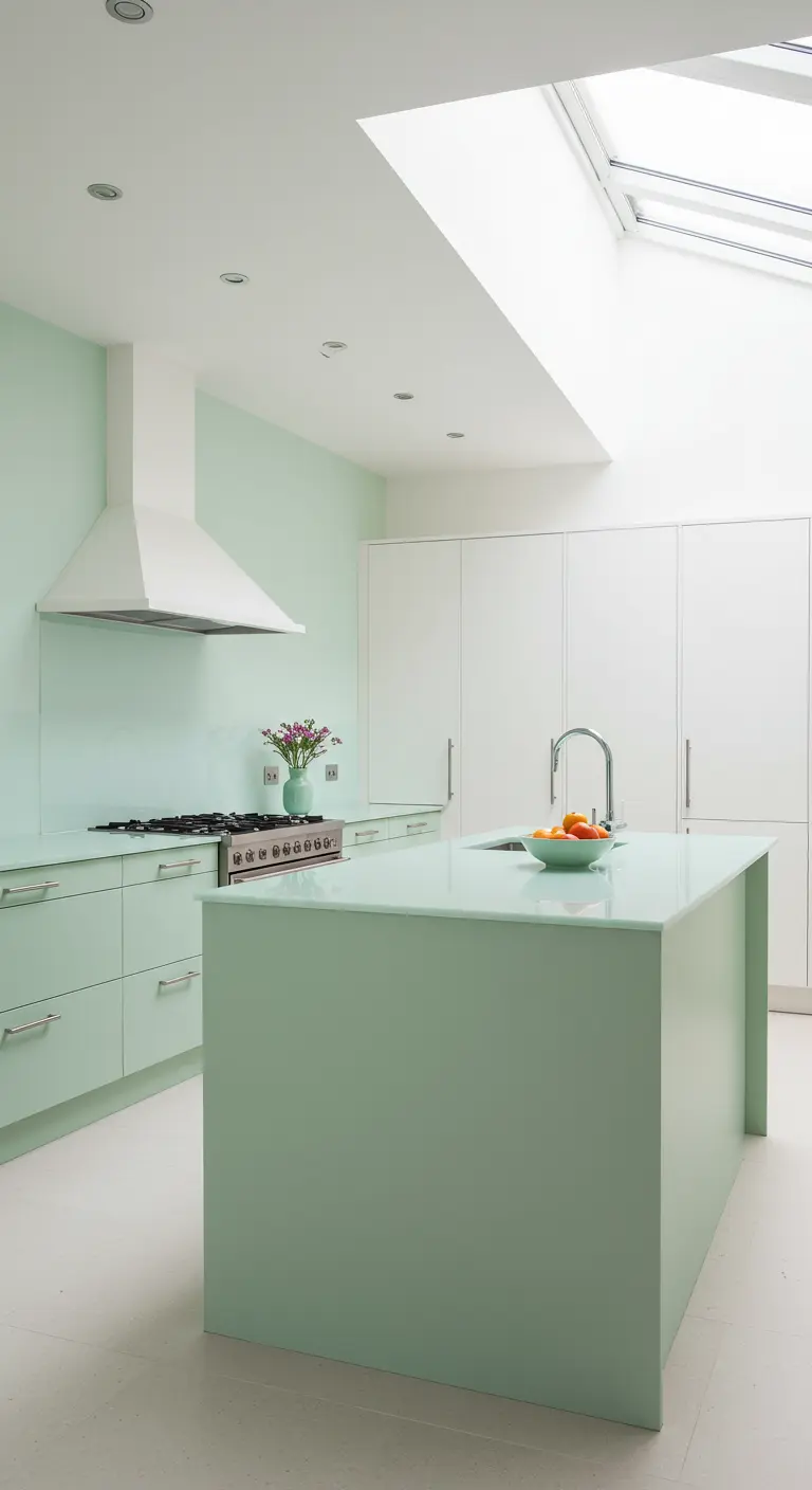 Lichte, open keuken in mintgroen met een groot kookeiland en een dakraam dat voor veel licht zorgt.