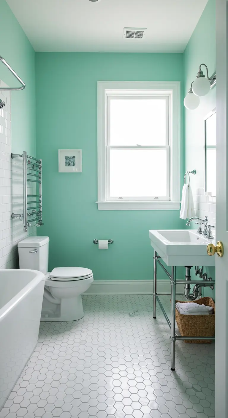 Lichte badkamer met mintgroene muren, witte hexagon vloertegels en chromen details.