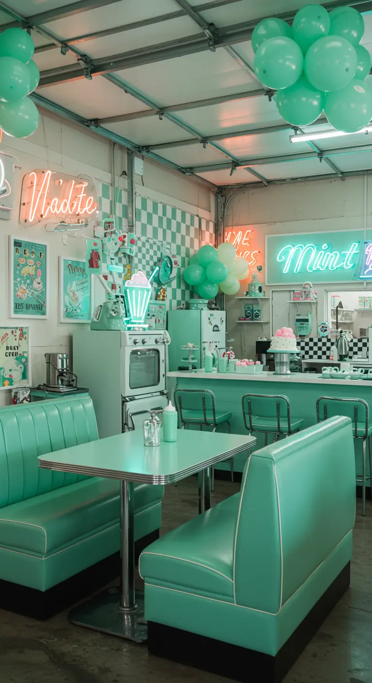 Retro diner interieur in mintgroen met neonverlichting en ballonnen.