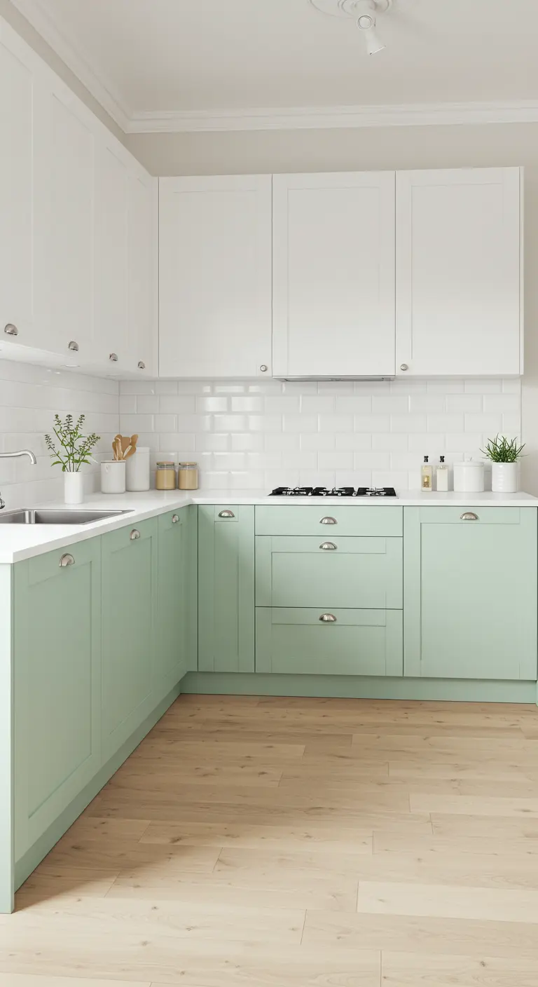 Lichte keuken met mintgroene onderkasten, witte bovenkasten en houten vloer.