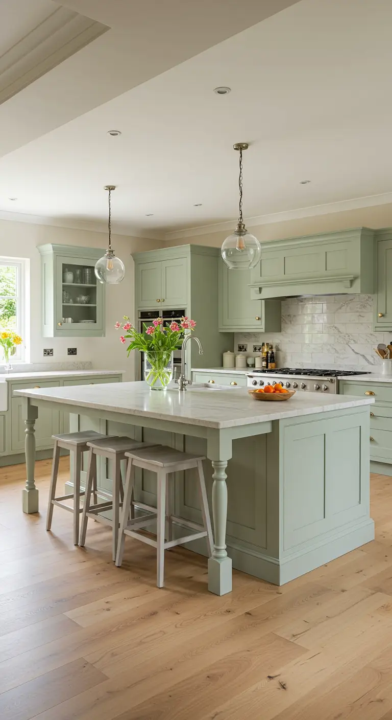 Lichte keuken met mintgroene kasten, groot marmeren eiland en houten vloer.