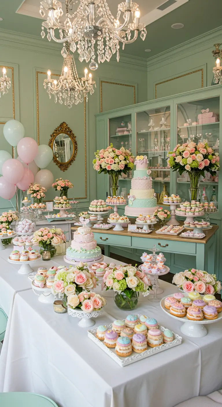 Luxe babyshower dessertbuffet met mintgroene en roze details en verse bloemen.