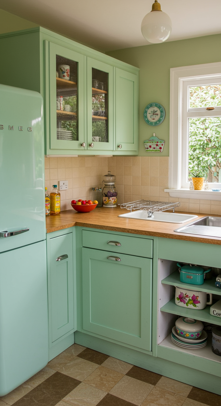 Mintgroene retro keuken met houten werkblad en Smeg koelkast.