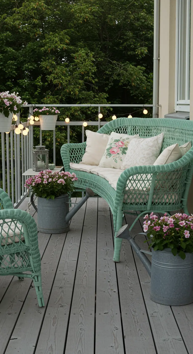 Mintgroene rieten bank en stoel met bloemenkussens en planten in zinken gieters op een balkon.