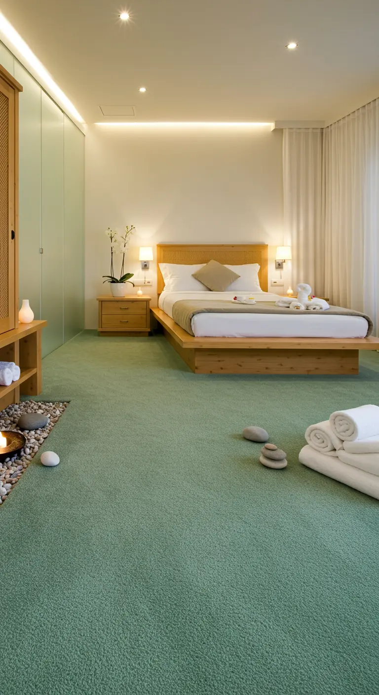 Lichte slaapkamer met een mintgroen tapijt, houten bed en orchideeën.