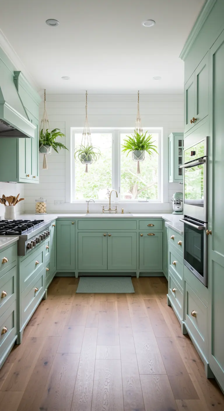 Mintgroene keuken met witte muren en hangplanten in macramé hangers voor het raam.