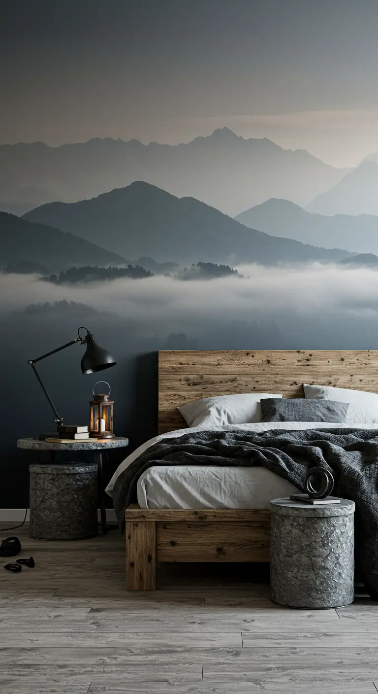 Slaapkamer met muurvullend kleurverloop van een mistig berglandschap.