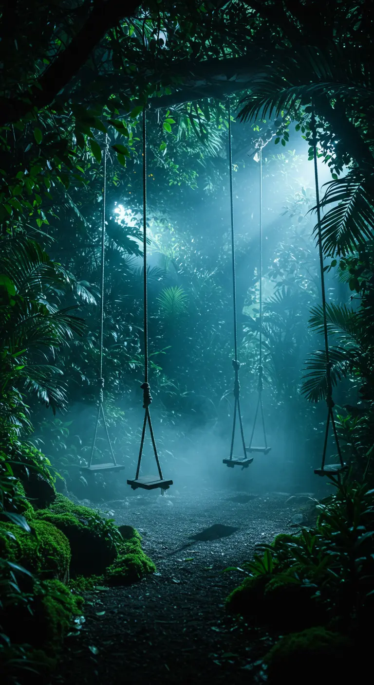 Meerdere houten schommels in een mystieke jungle met mistige sfeer en blauwe spotlights.