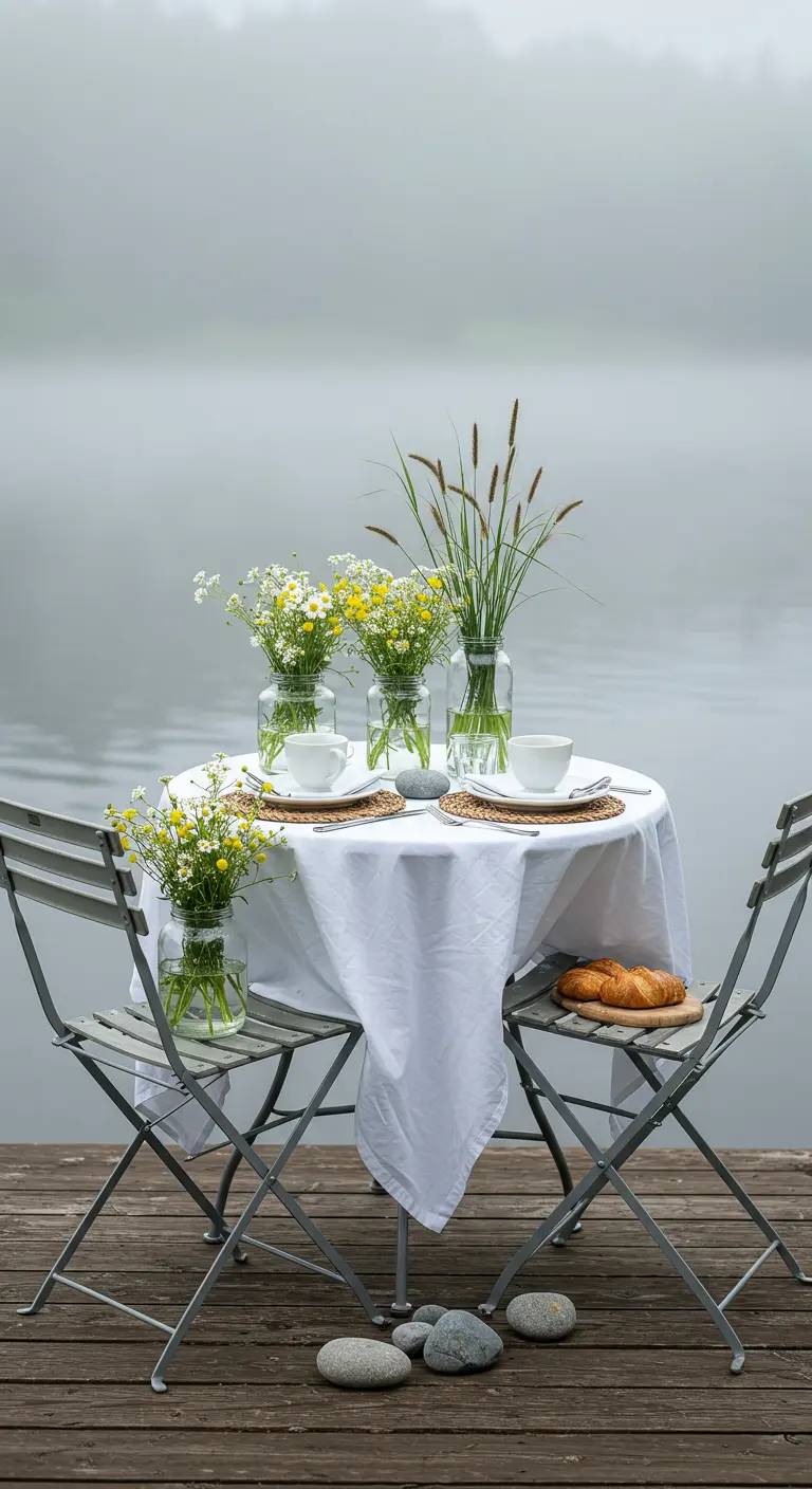 Kleine ronde tafel op houten vlonder aan meer met mist, gedecoreerd met witte bloemen en grassen.