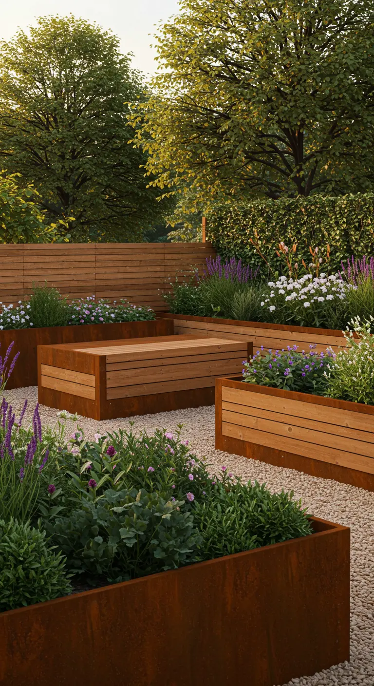 Cortenstalen plantenbakken met houten zittingen, grindpad en diverse beplanting.