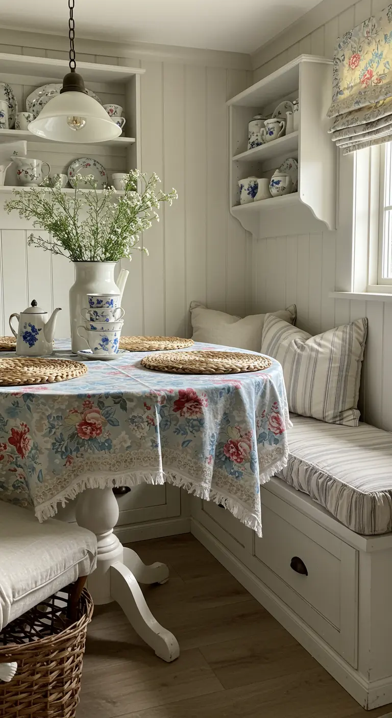 Knusse eethoek met witte houten bank, gebloemd tafelkleed en gestreepte kussens.