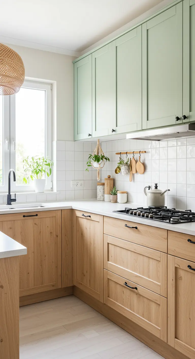 Keuken met mintgroene bovenkasten en houten onderkasten.