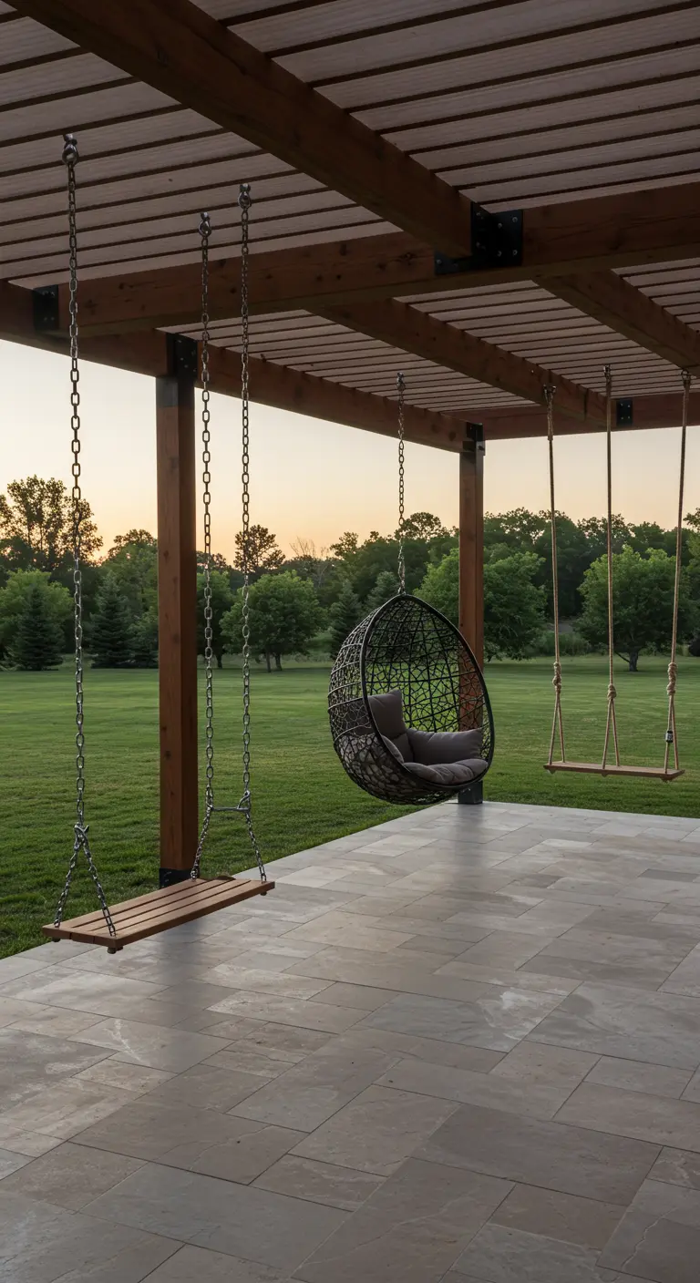 Verschillende soorten schommels (houten plank, ei-stoel) onder één houten pergola.